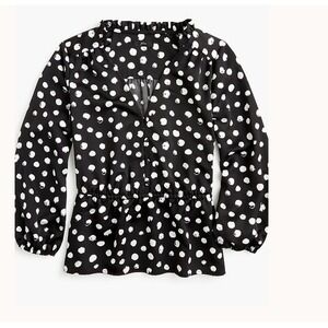 J‎ Crew Top Womens 10 Black Painted Dot Peplum Satin Crepe 3/4 Sleeve Romantic